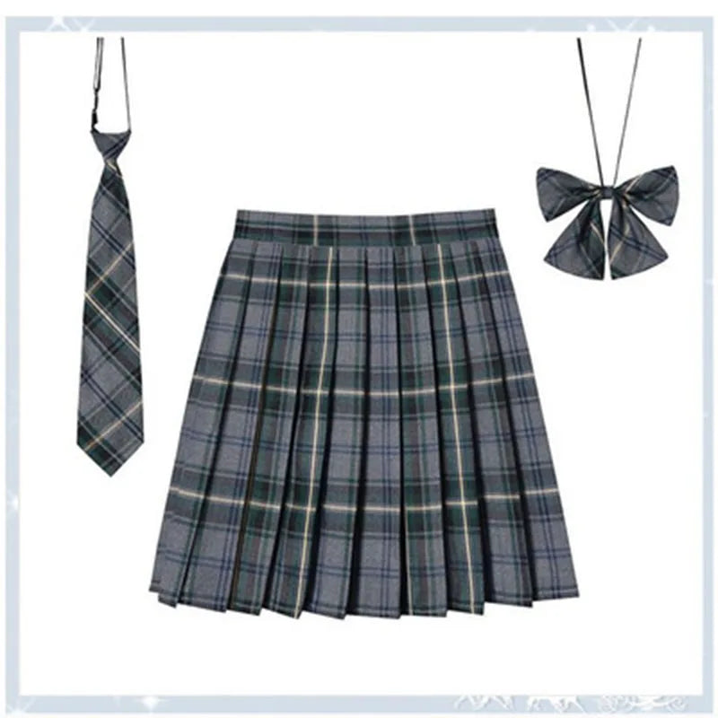Women Plaid Pleat Skirt With Necktie Bowtie Harajuku Preppy Mini Japanese School