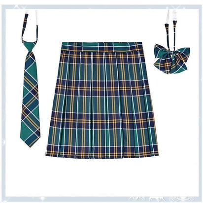 Women Plaid Pleat Skirt With Necktie Bowtie Harajuku Preppy Mini Japanese School