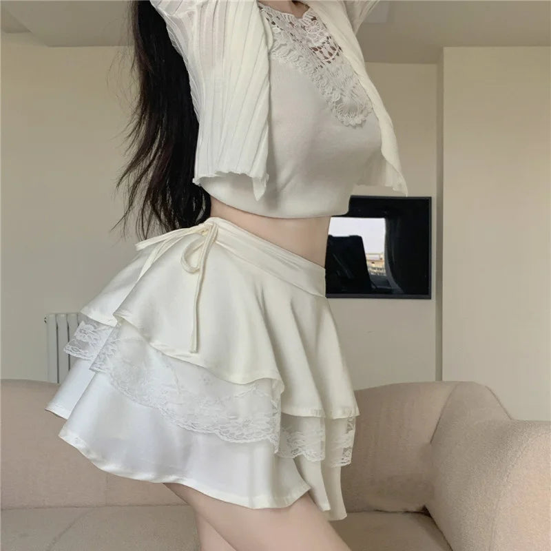 White Mini Skirts Women Lace Patchwork Sweet Ball Gown