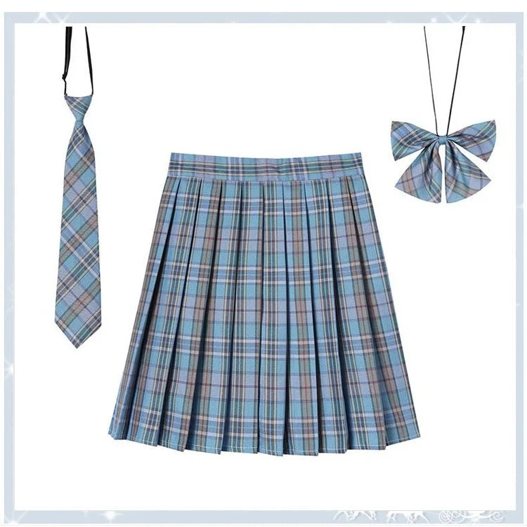 Women Plaid Pleat Skirt With Necktie Bowtie Harajuku Preppy Mini Japanese School