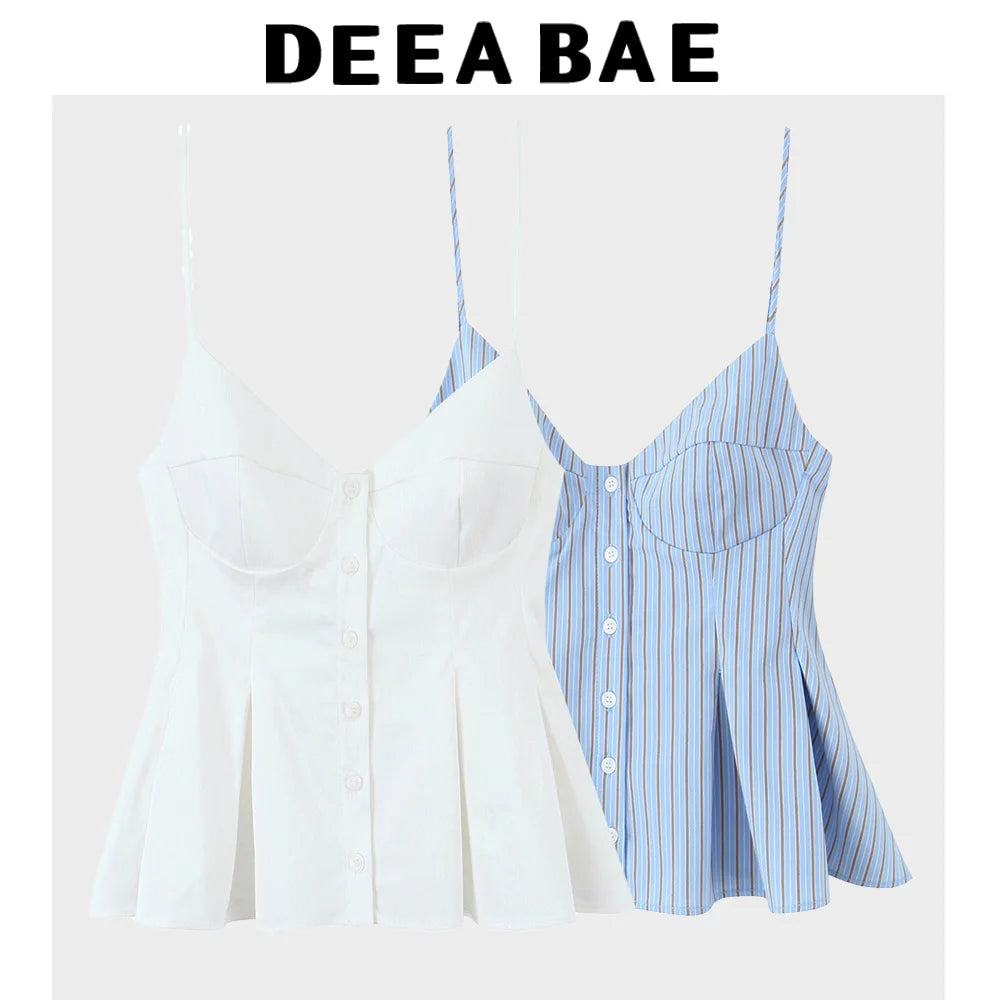 Korean Style Contrast Striped Vest Slim Fit Single-breasted Outer Wear Layered Top