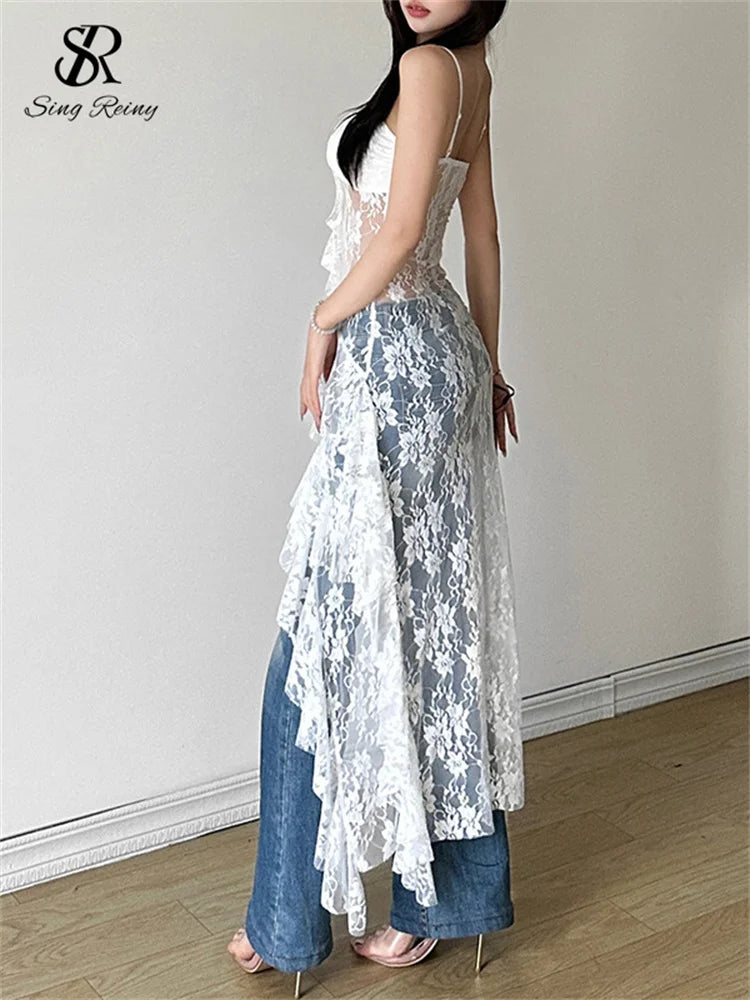 Women Lace Irregular Long Dress Camis Sheath Sensual Sheer Dress