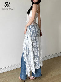 Women Lace Irregular Long Dress Camis Sheath Sensual Sheer Dress