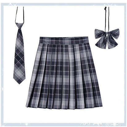 Women Plaid Pleat Skirt With Necktie Bowtie Harajuku Preppy Mini Japanese School