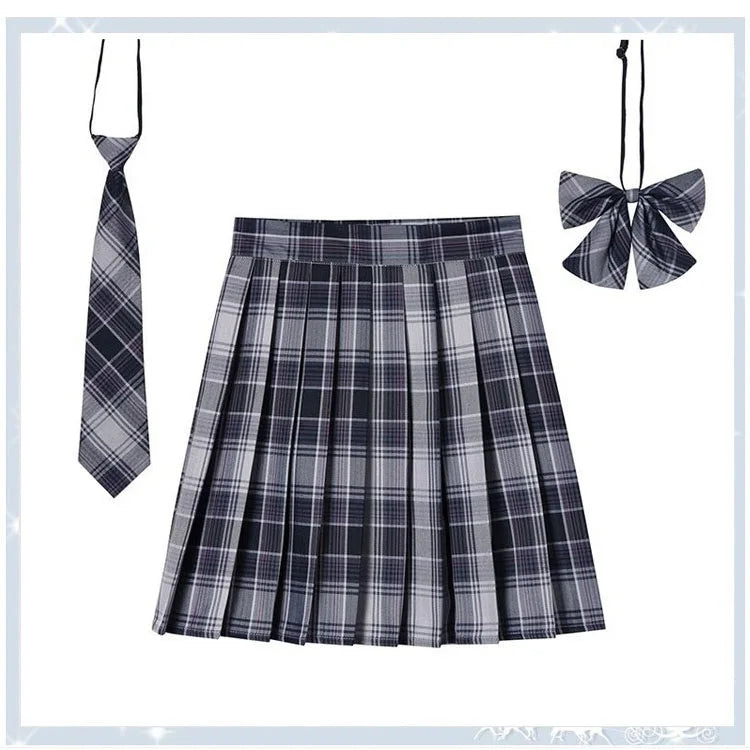 Women Plaid Pleat Skirt With Necktie Bowtie Harajuku Preppy Mini Japanese School