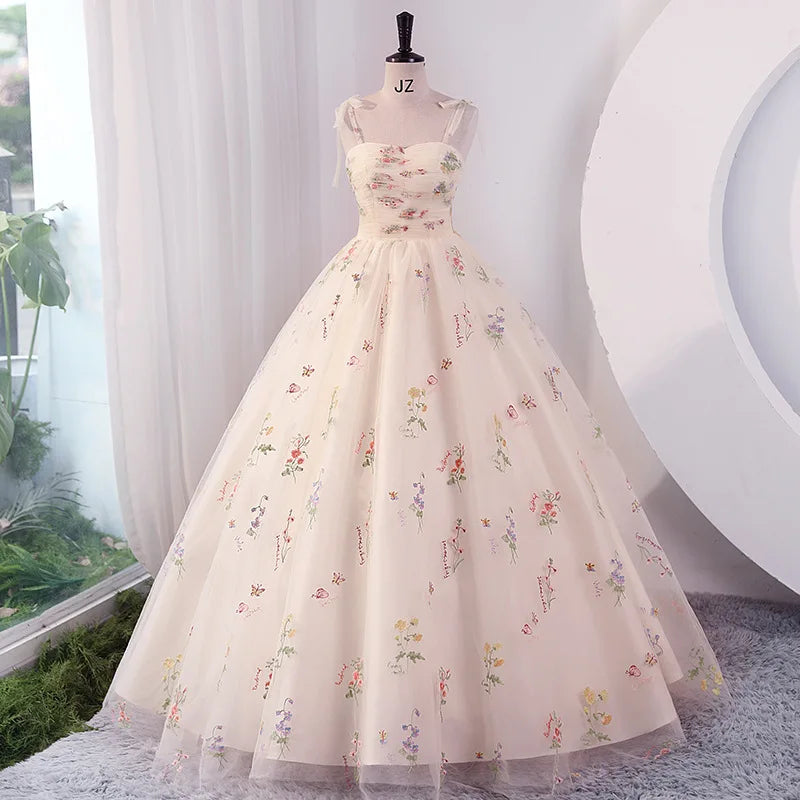 Luxury Floral Embroidery Long Prom Evening Wedding Shooting Dresses