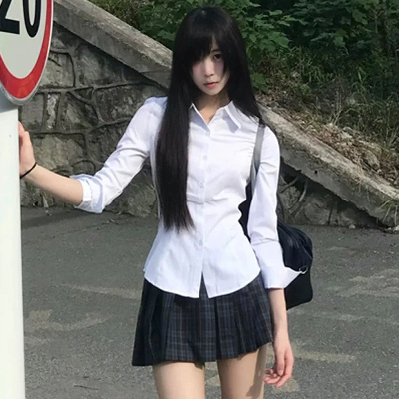 Y2K Slim Fit White Shirt Women Waist Slimming Long Sleeve Jk Shirts Turn Down Collar Chic Blouse