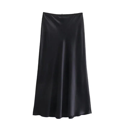 Spring Women's Satin Bow-Decorated High-Waist A-Line Long Skirt