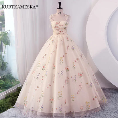 Luxury Floral Embroidery Long Prom Evening Wedding Shooting Dresses