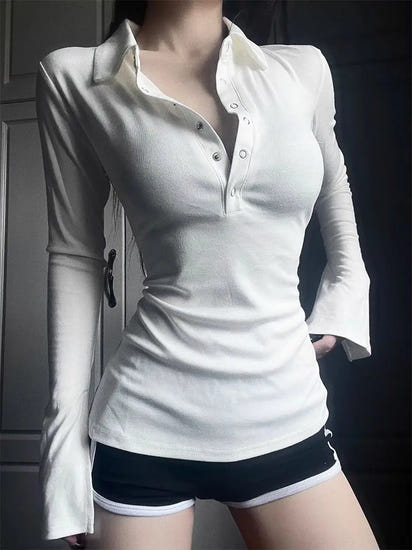 Long Sleeve Solid Color Turn Down Collar Sexy Simple Korean Style Ins Minimalist Prevalent Casual Chic