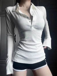 Long Sleeve Solid Color Turn Down Collar Sexy Simple Korean Style Ins Minimalist Prevalent Casual Chic