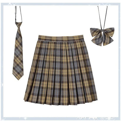 Women Plaid Pleat Skirt With Necktie Bowtie Harajuku Preppy Mini Japanese School