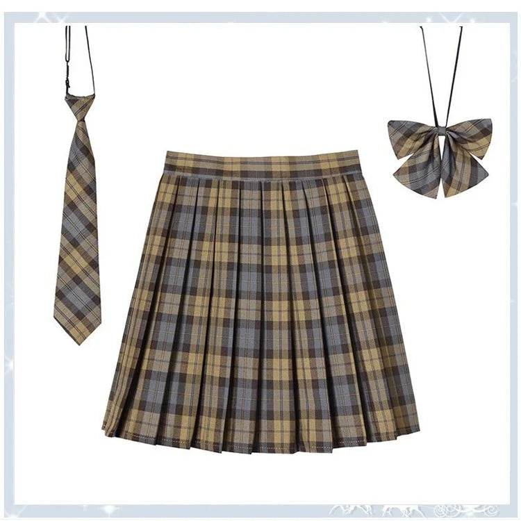 Women Plaid Pleat Skirt With Necktie Bowtie Harajuku Preppy Mini Japanese School