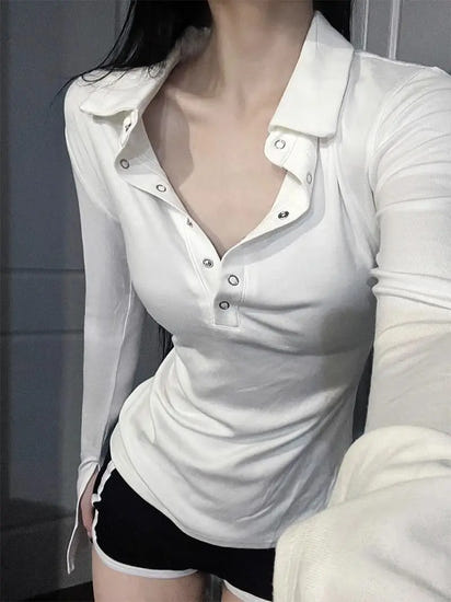 Long Sleeve Solid Color Turn Down Collar Sexy Simple Korean Style Ins Minimalist Prevalent Casual Chic
