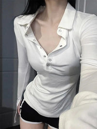 Long Sleeve Solid Color Turn Down Collar Sexy Simple Korean Style Ins Minimalist Prevalent Casual Chic