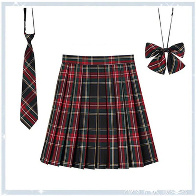 Women Plaid Pleat Skirt With Necktie Bowtie Harajuku Preppy Mini Japanese School