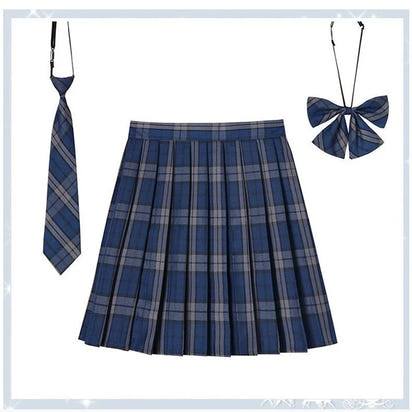 Women Plaid Pleat Skirt With Necktie Bowtie Harajuku Preppy Mini Japanese School