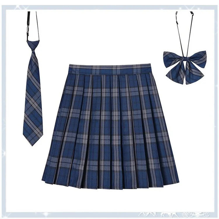 Women Plaid Pleat Skirt With Necktie Bowtie Harajuku Preppy Mini Japanese School