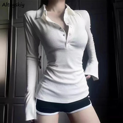 Long Sleeve Solid Color Turn Down Collar Sexy Simple Korean Style Ins Minimalist Prevalent Casual Chic