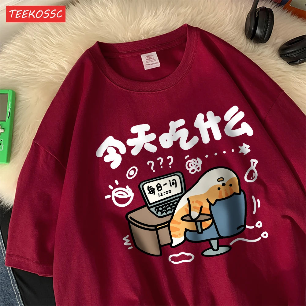 Oversized T-Shirts Cat Prints T Shirts Soft O-Neck