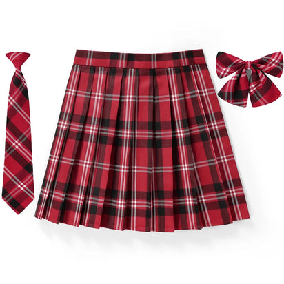 Women Plaid Pleat Skirt With Necktie Bowtie Harajuku Preppy Mini Japanese School