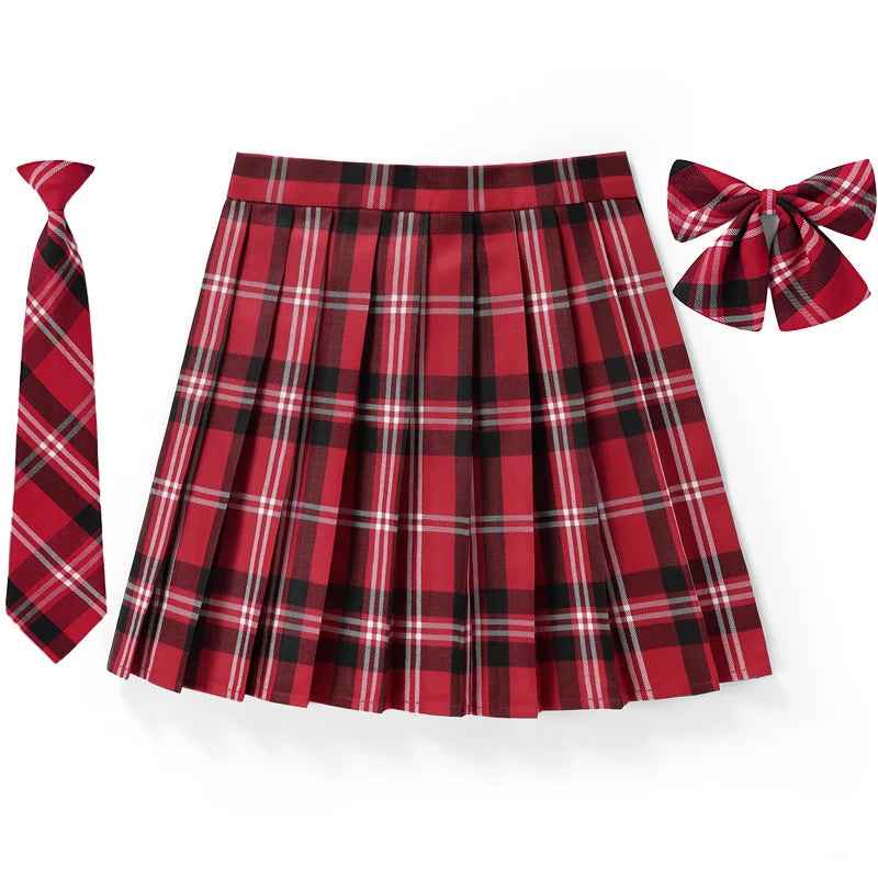 Women Plaid Pleat Skirt With Necktie Bowtie Harajuku Preppy Mini Japanese School