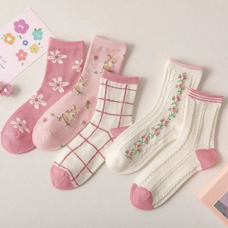 Pink twisted tube sweet and small floral cute student socks