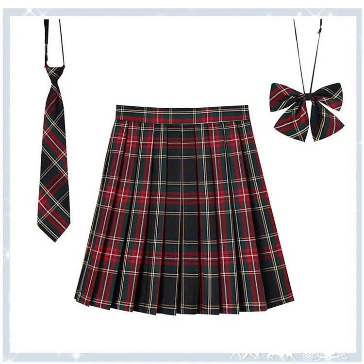 Women Plaid Pleat Skirt With Necktie Bowtie Harajuku Preppy Mini Japanese School