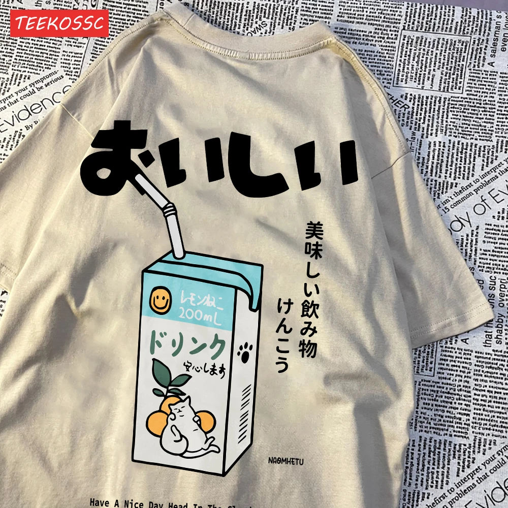 Harajuku Cute Cat Print Oversized T-shirt Streetwear Tops Cotton