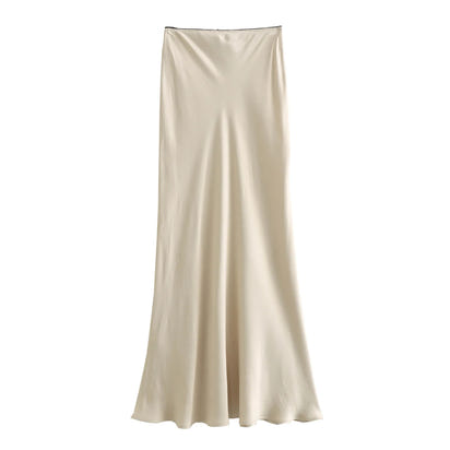 Spring Women's Satin Bow-Decorated High-Waist A-Line Long Skirt