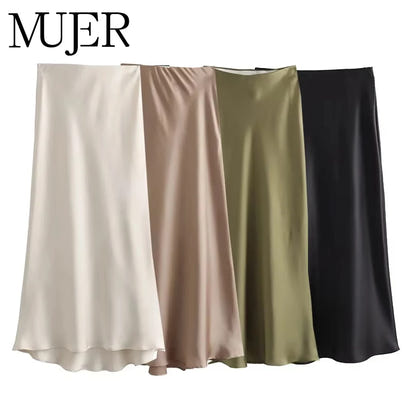 Satin Skirt Women High Waist Long Skirts
