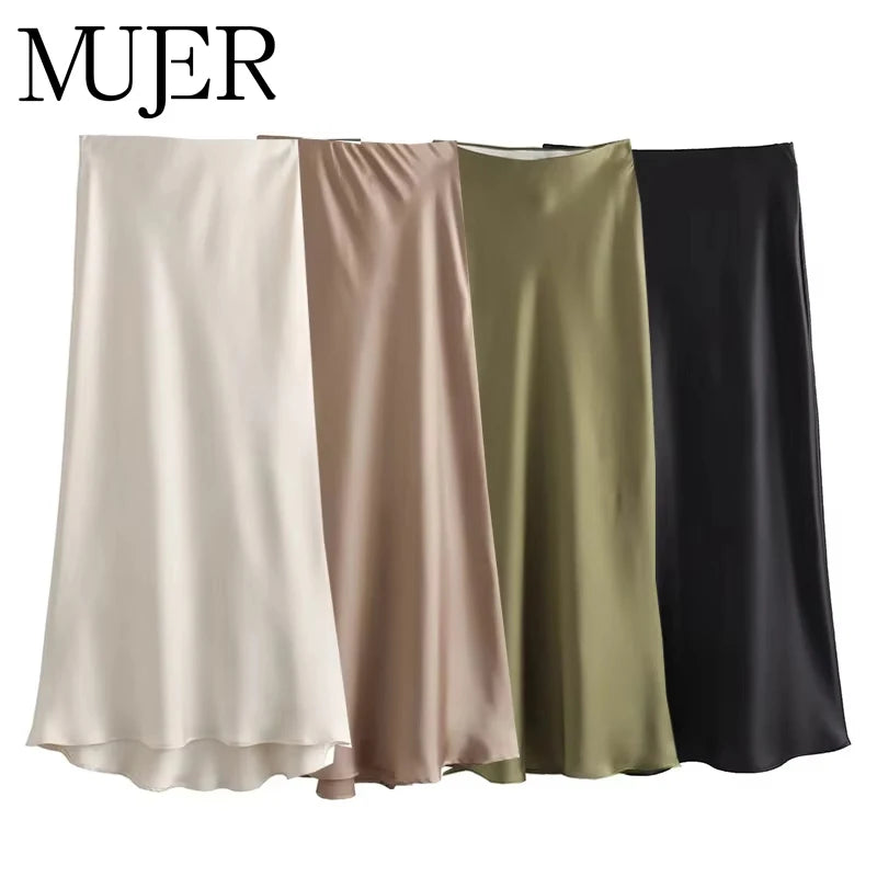 Satin Skirt Women High Waist Long Skirts