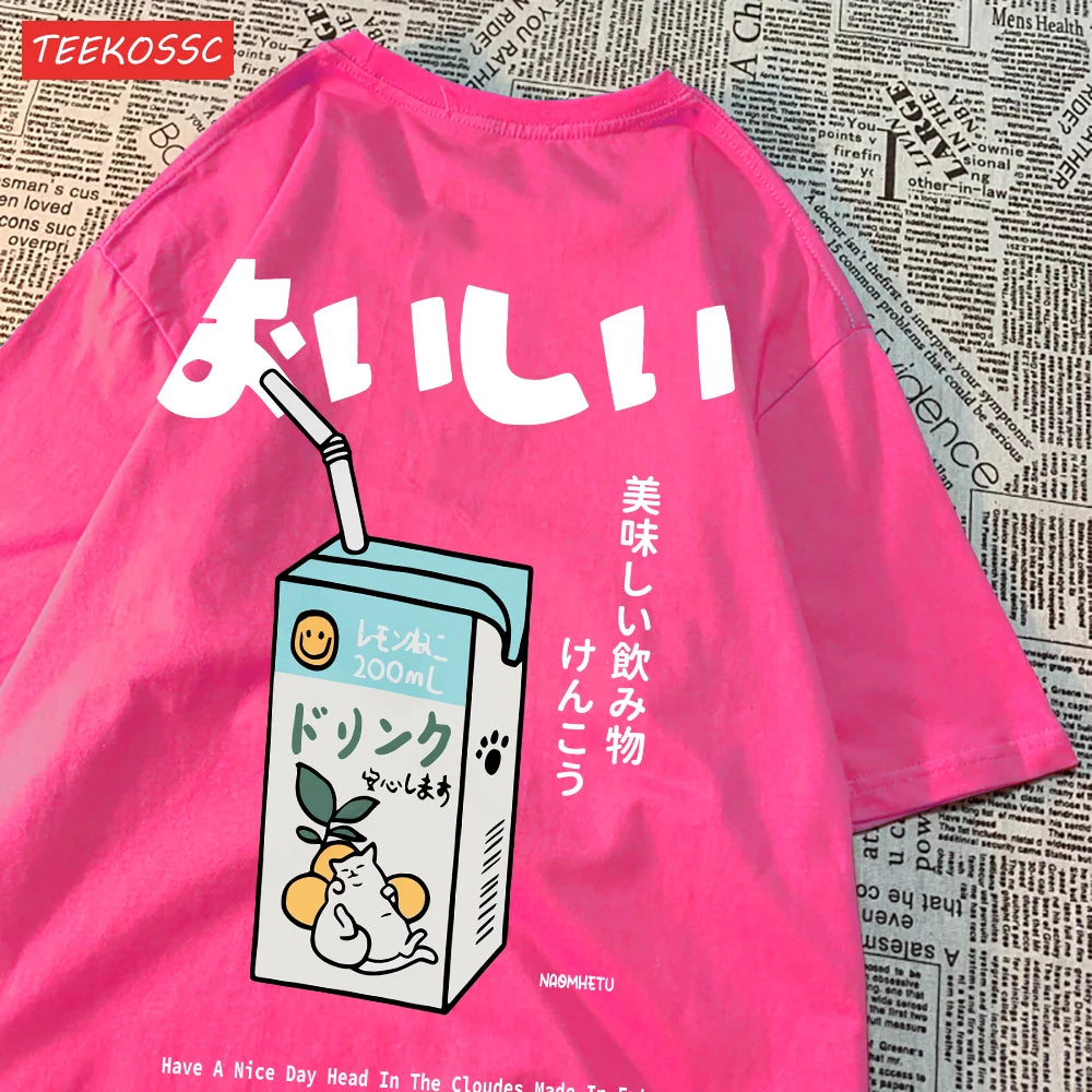 Harajuku Cute Cat Print Oversized T-shirt Streetwear Tops Cotton