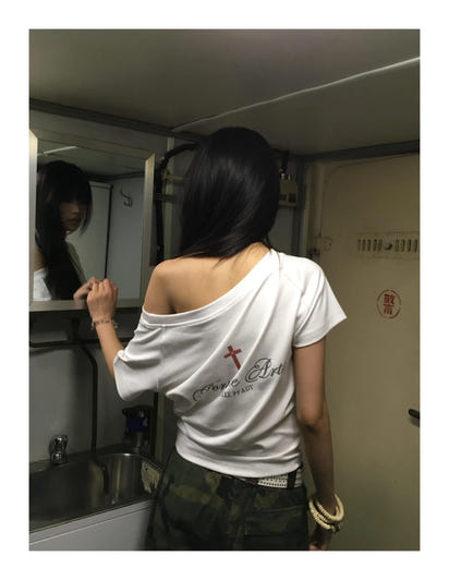 Graphic Tops Loose Off Shoulder Short Sleeve Tshirt Y2k Vintage Crop Tops American Retro 90s Grunge Tees