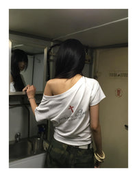 Graphic Tops Loose Off Shoulder Short Sleeve Tshirt Y2k Vintage Crop Tops American Retro 90s Grunge Tees