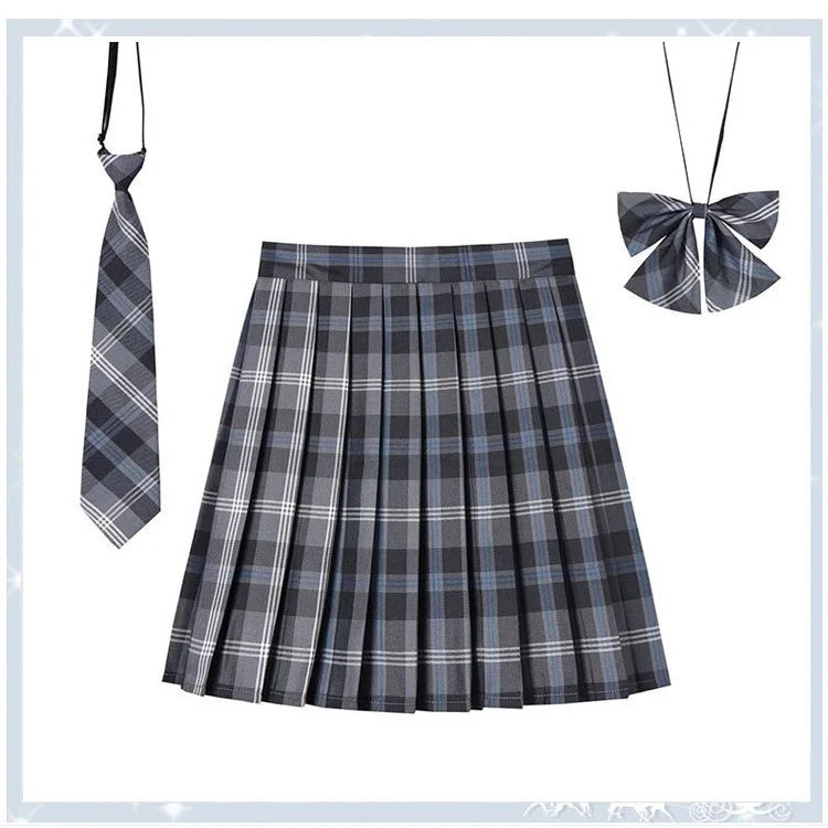 Women Plaid Pleat Skirt With Necktie Bowtie Harajuku Preppy Mini Japanese School
