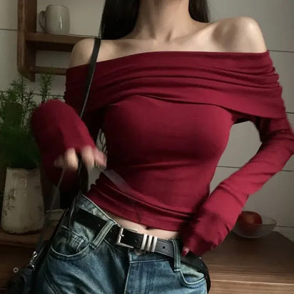 Off Shoulder Top French Collarbone Long Sleeved