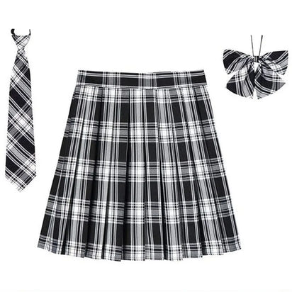 Women Plaid Pleat Skirt With Necktie Bowtie Harajuku Preppy Mini Japanese School