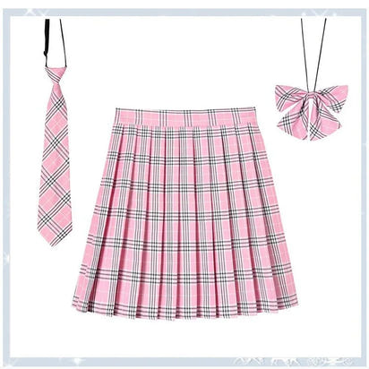 Women Plaid Pleat Skirt With Necktie Bowtie Harajuku Preppy Mini Japanese School