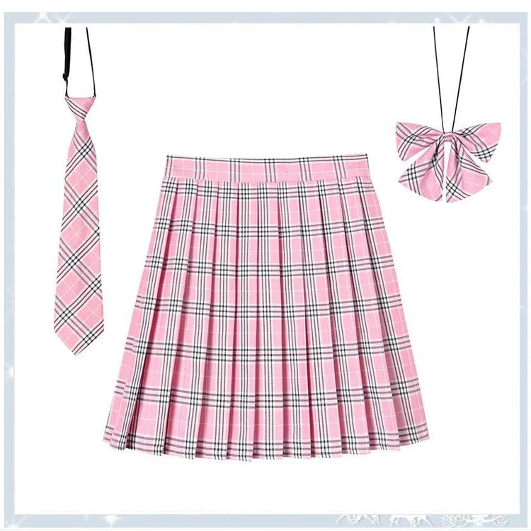 Women Plaid Pleat Skirt With Necktie Bowtie Harajuku Preppy Mini Japanese School