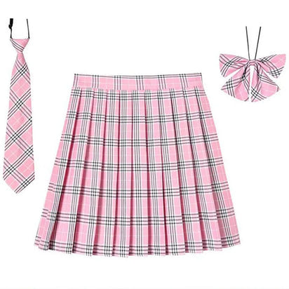 Women Plaid Pleat Skirt With Necktie Bowtie Harajuku Preppy Mini Japanese School