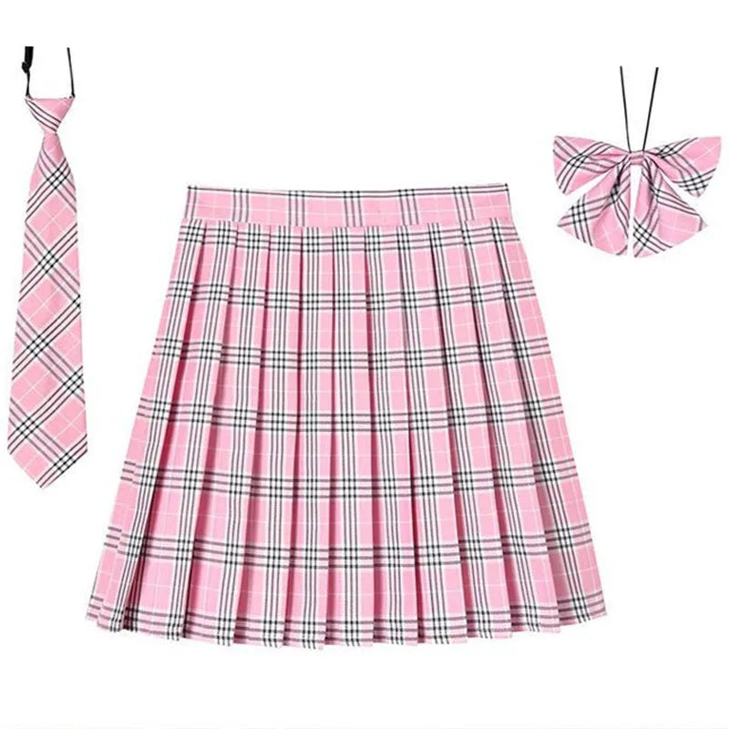 Women Plaid Pleat Skirt With Necktie Bowtie Harajuku Preppy Mini Japanese School