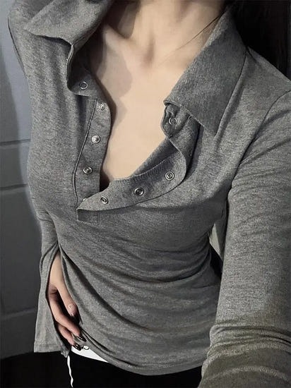 Long Sleeve Solid Color Turn Down Collar Sexy Simple Korean Style Ins Minimalist Prevalent Casual Chic