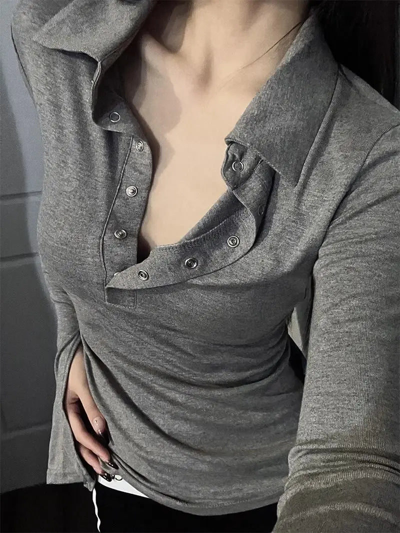 Long Sleeve Solid Color Turn Down Collar Sexy Simple Korean Style Ins Minimalist Prevalent Casual Chic