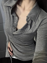 Long Sleeve Solid Color Turn Down Collar Sexy Simple Korean Style Ins Minimalist Prevalent Casual Chic